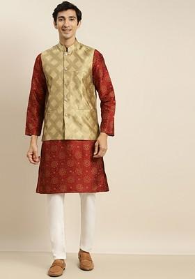 Maroon Ethnic Motifs Poly Blend Kurta Set For Men