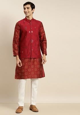 Maroon Ethnic Motifs Poly Blend Kurta Set For Men