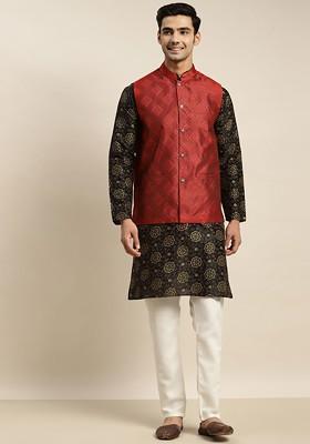 Black Ethnic Motifs Poly Blend Kurta Set For Men