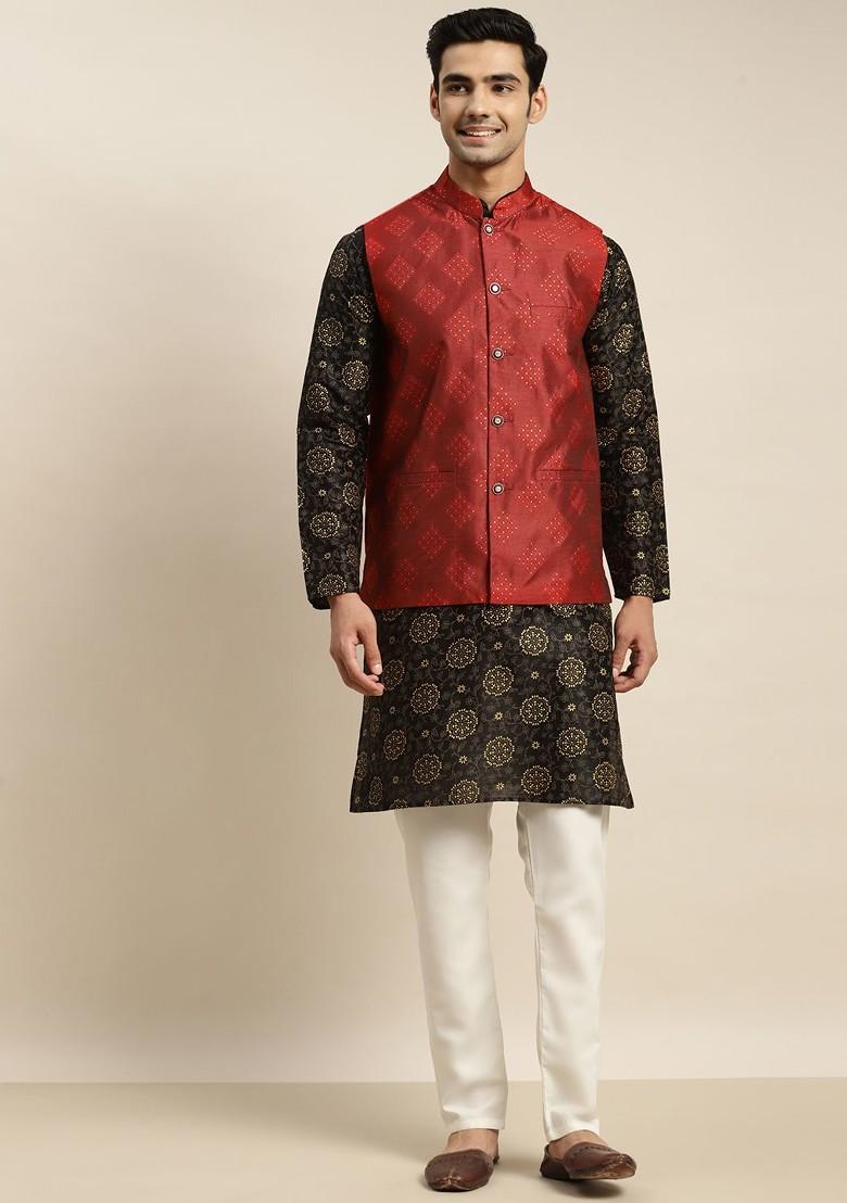 Black Ethnic Motifs Poly Blend Kurta Set For Men