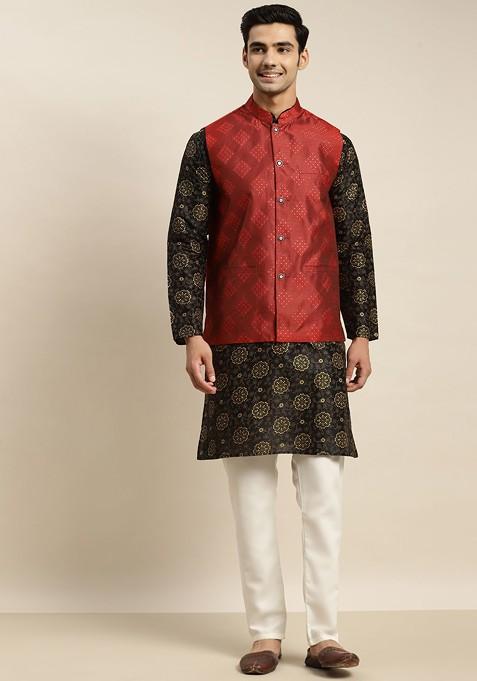Black Ethnic Motifs Poly Blend Kurta Set For Men
