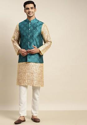 Beige Ethnic Motifs Poly Blend Kurta Set For Men