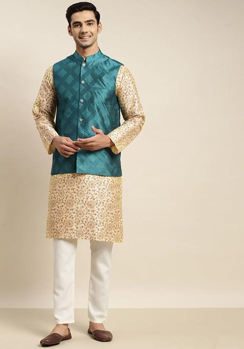Beige Ethnic Motifs Poly Blend Kurta Set For Men — view on Indya