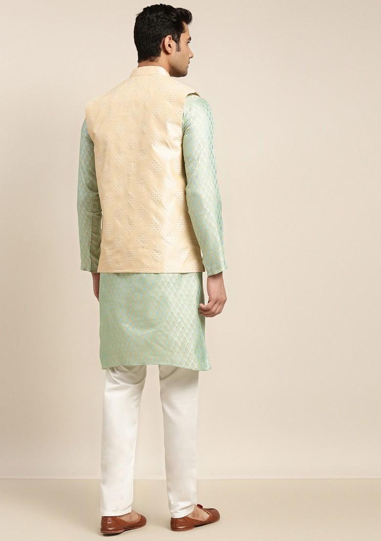 Green Ethnic Motifs Poly Blend Kurta Set For Men