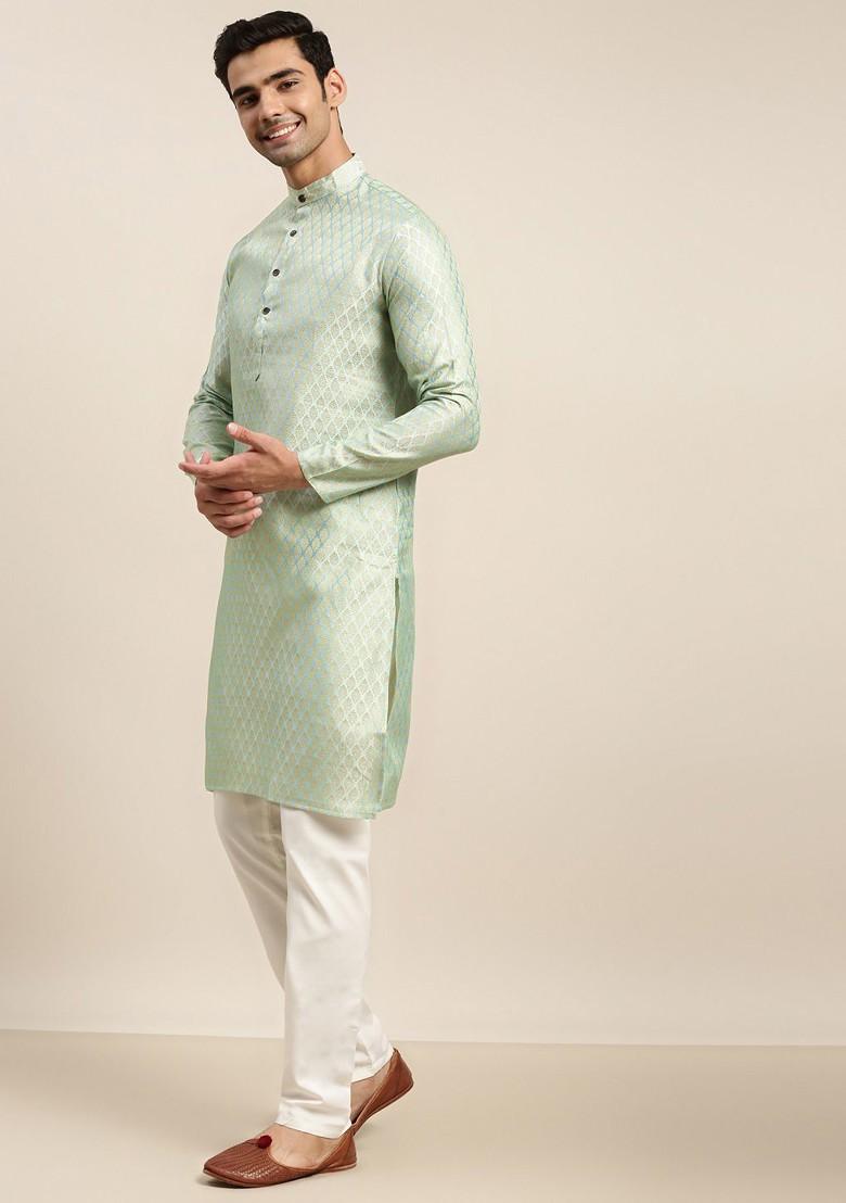 Green Ethnic Motifs Poly Blend Kurta Set For Men