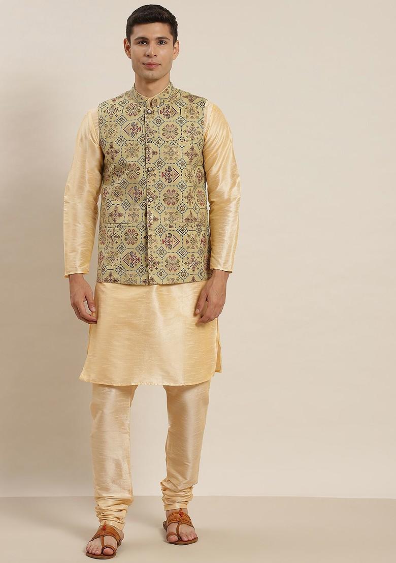 Gold Solid Poly Blend Kurta Set For Men