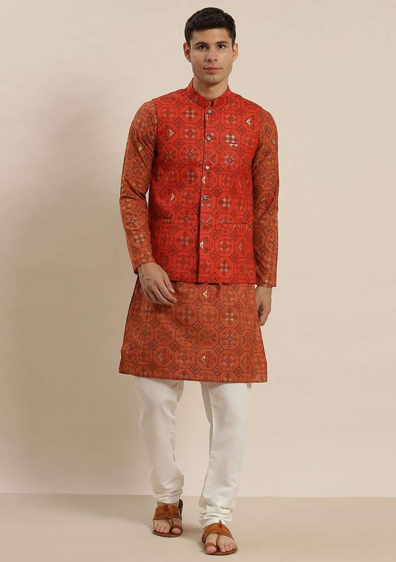 Maroon Ethnic Motifs Poly Blend Kurta Set For Men - Indya