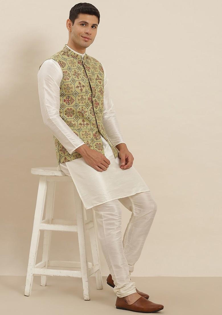 Cream Solid Poly Blend Kurta Set For Men