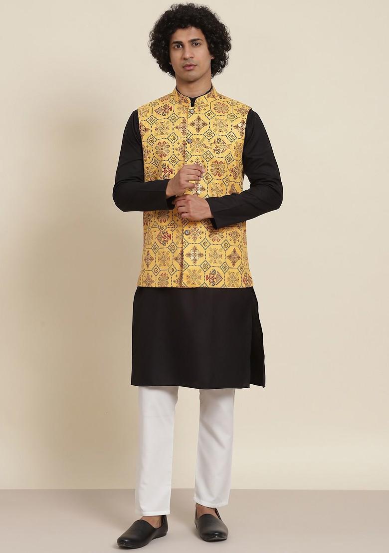 Black Solid Cotton Kurta Set For Men