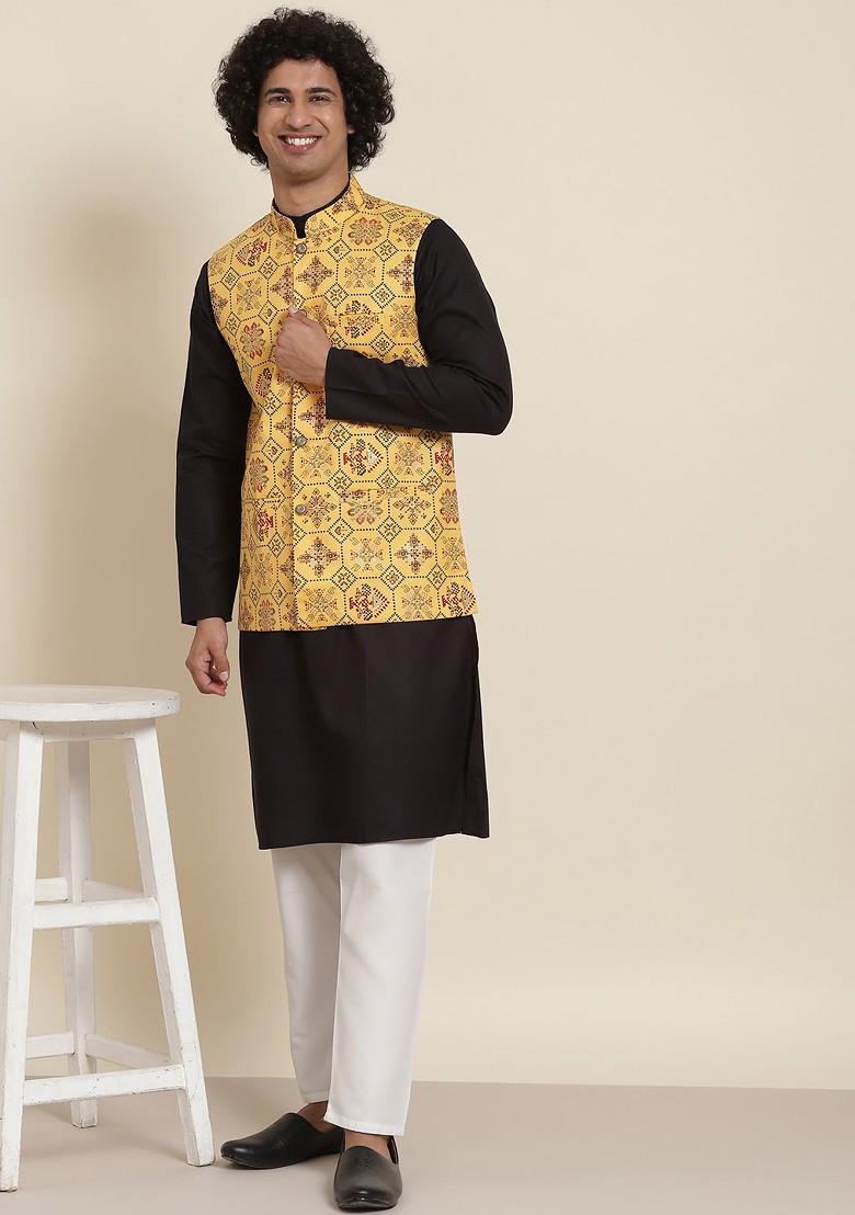 Black Solid Cotton Kurta Set For Men
