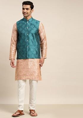 Pink Printed Poly Blend Kurta Set For Men
