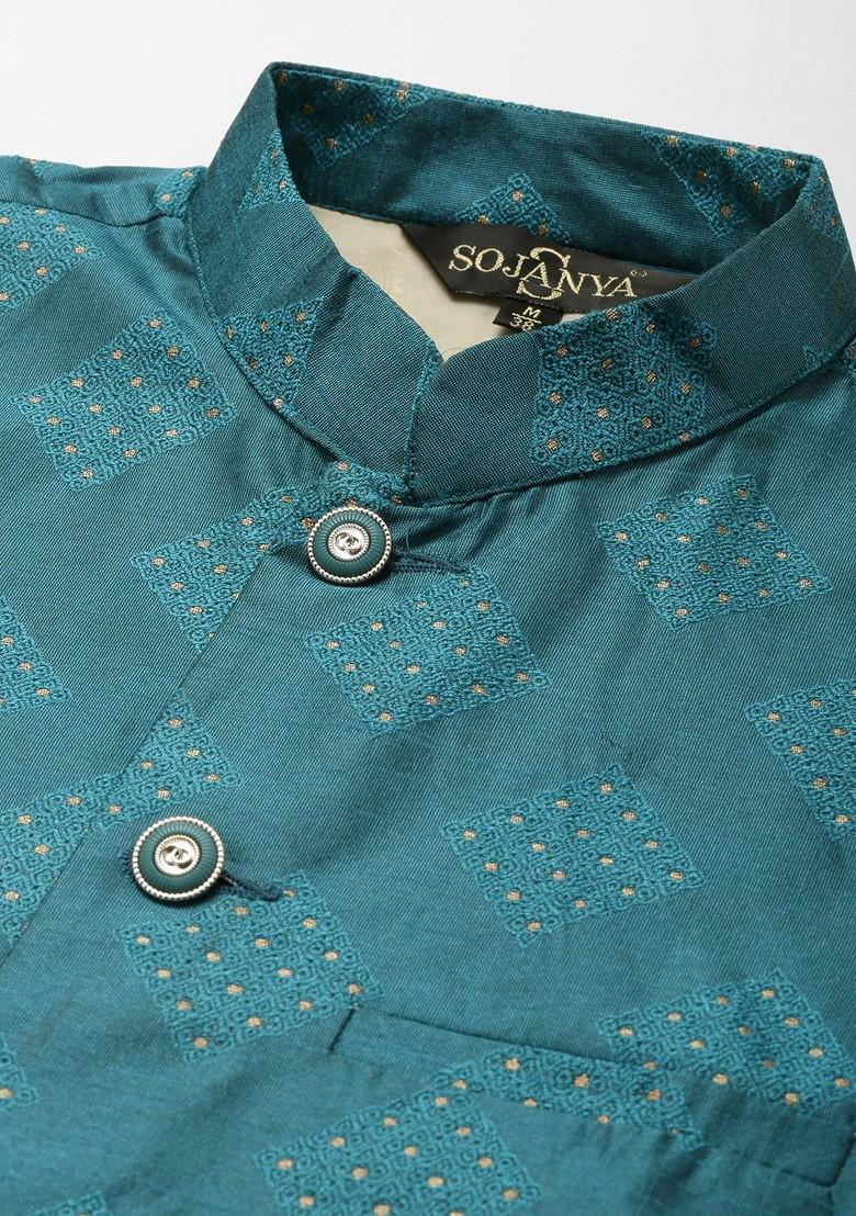 Pink Printed Poly Blend Kurta Set For Men