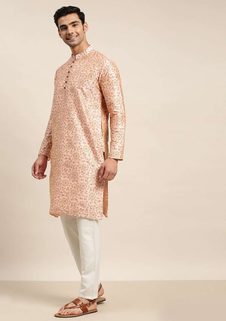 Pink Printed Poly Blend Kurta Set For Men - Indya