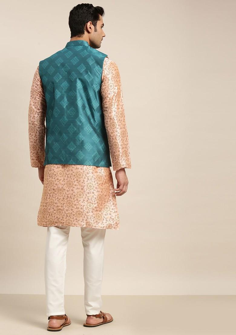 Pink Printed Poly Blend Kurta Set For Men