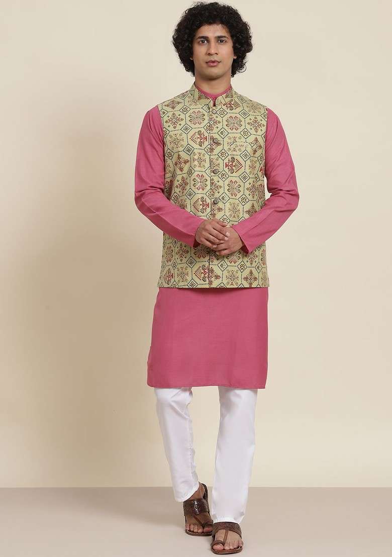 Mauve Solid Cotton Kurta Set For Men - Indya