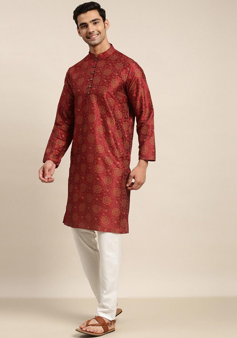 Maroon Printed Poly Blend Kurta Set For Men