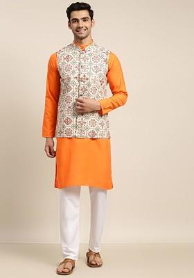 Orange Solid Cotton Kurta Set For Men