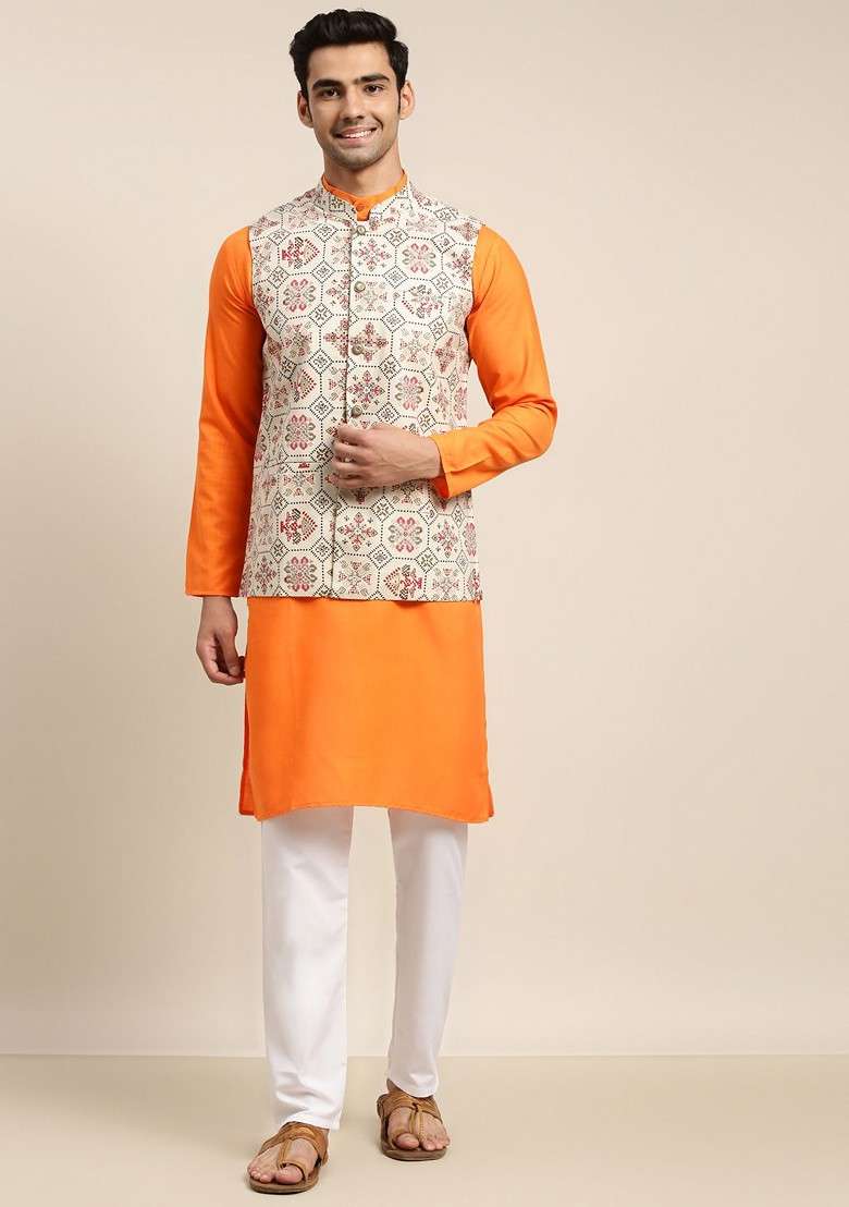 Orange Solid Cotton Kurta Set For Men - Indya