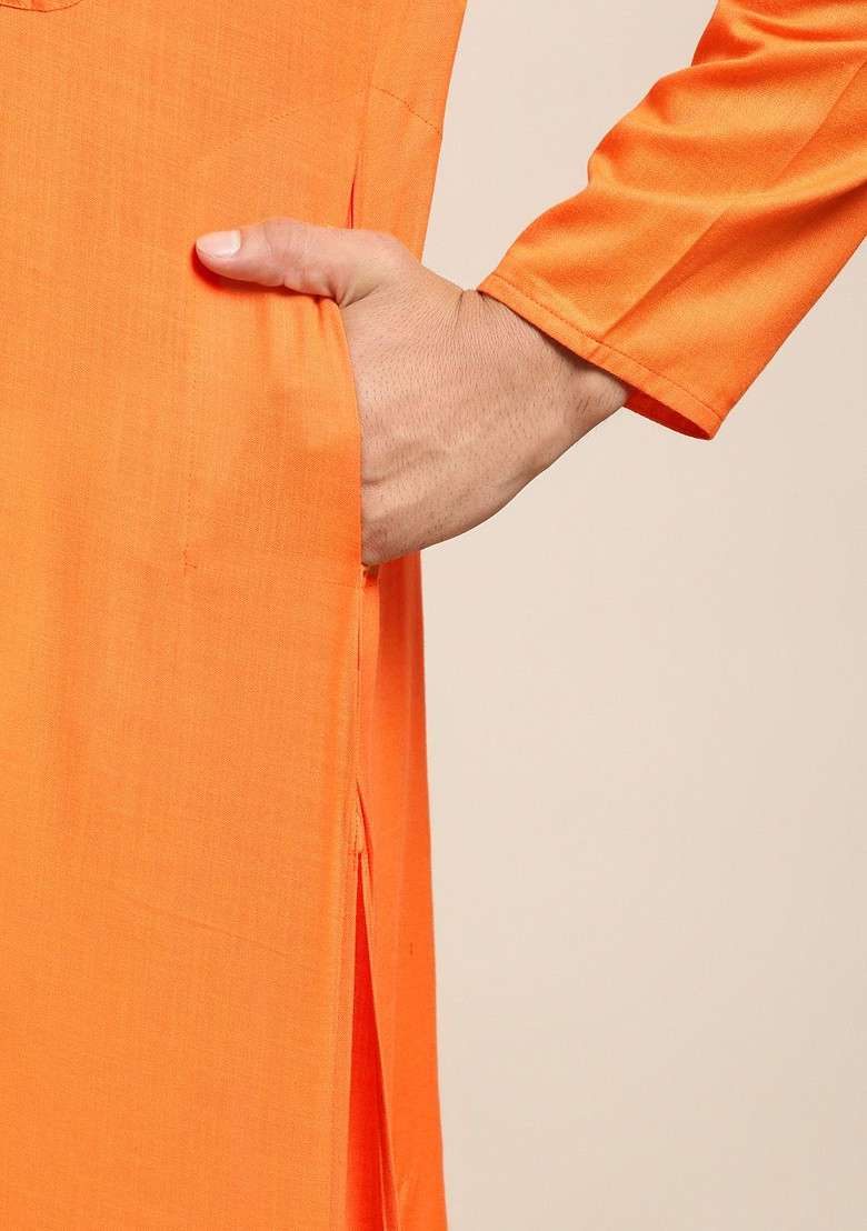 Orange Solid Cotton Kurta Set For Men - Indya