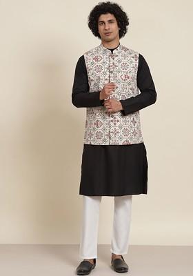 Black Solid Cotton Kurta Set For Men