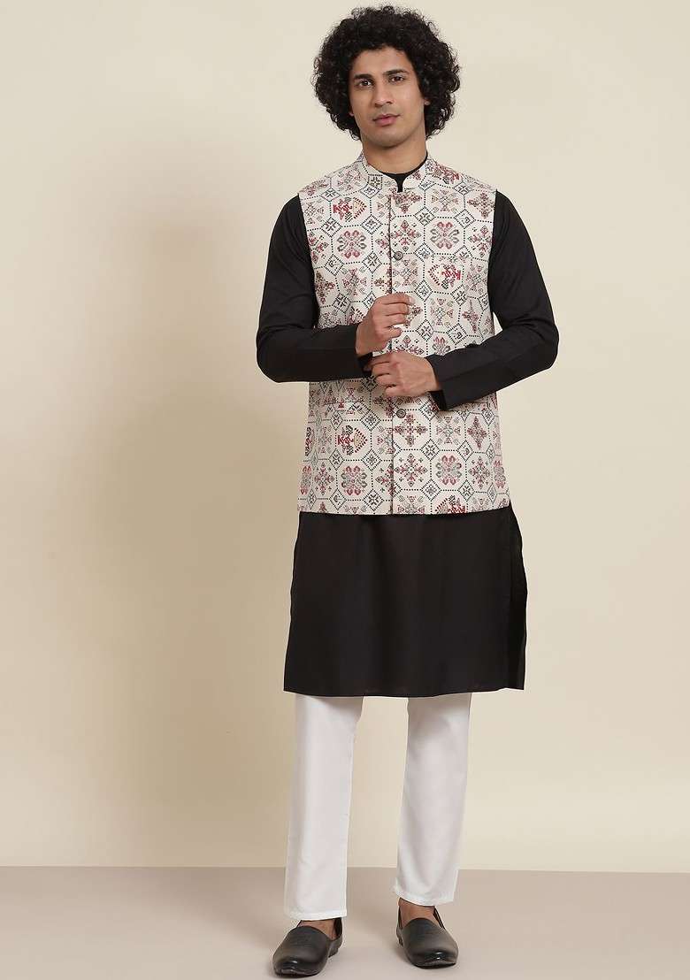 Black Solid Cotton Kurta Set For Men - Indya