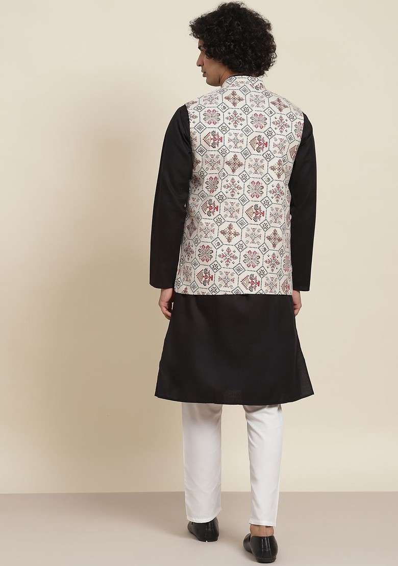 Black Solid Cotton Kurta Set For Men - Indya