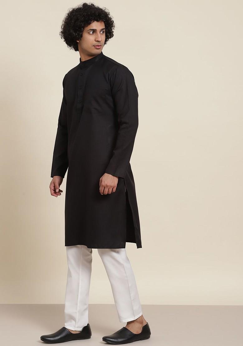 Black Solid Cotton Kurta Set For Men