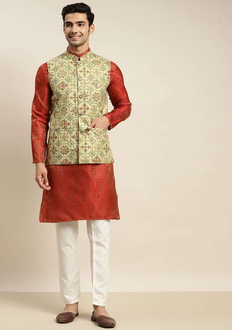 Red Solid Poly Blend Kurta Set For Men - Indya