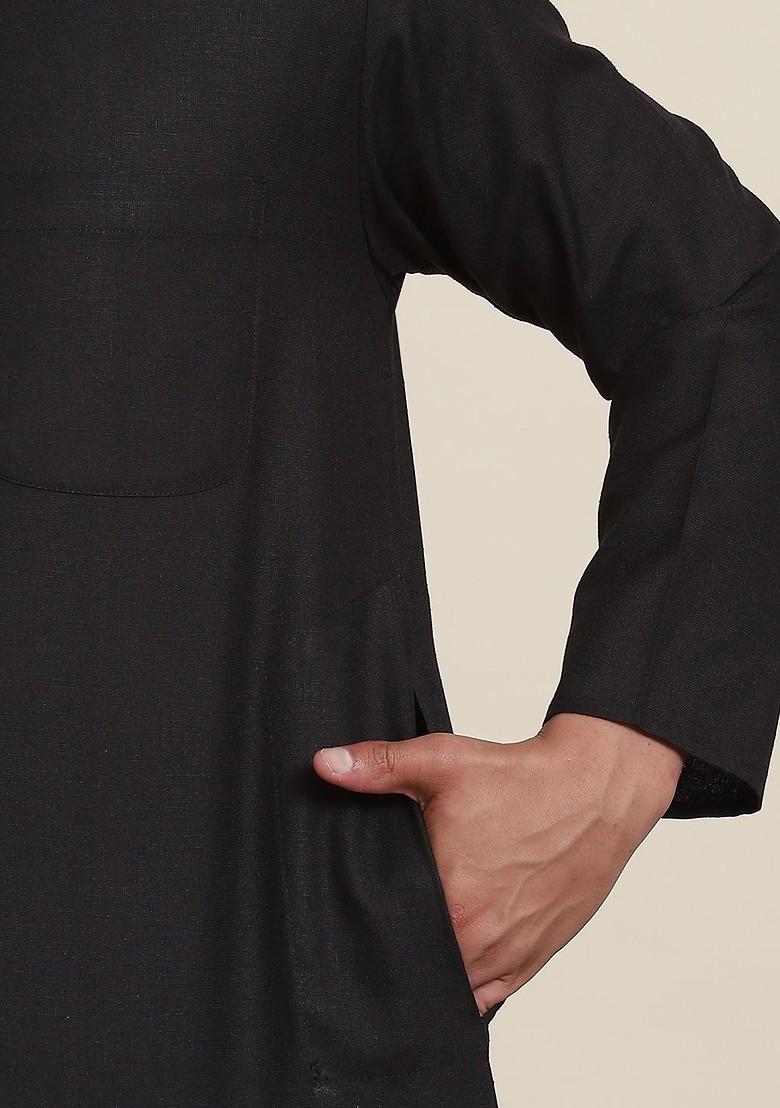 Black Solid Cotton Kurta Set For Men