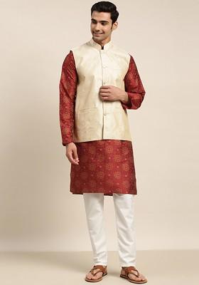 Maroon Printed Poly Blend Kurta Set For Men