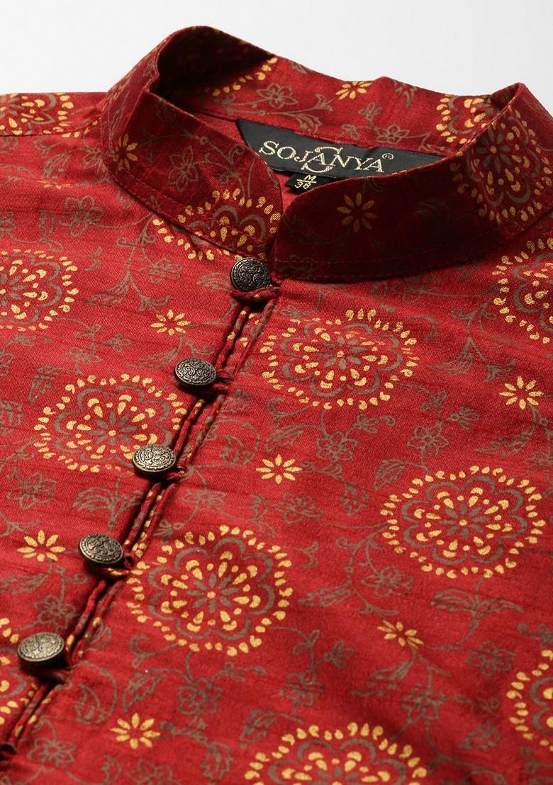 Maroon Printed Poly Blend Kurta Set For Men