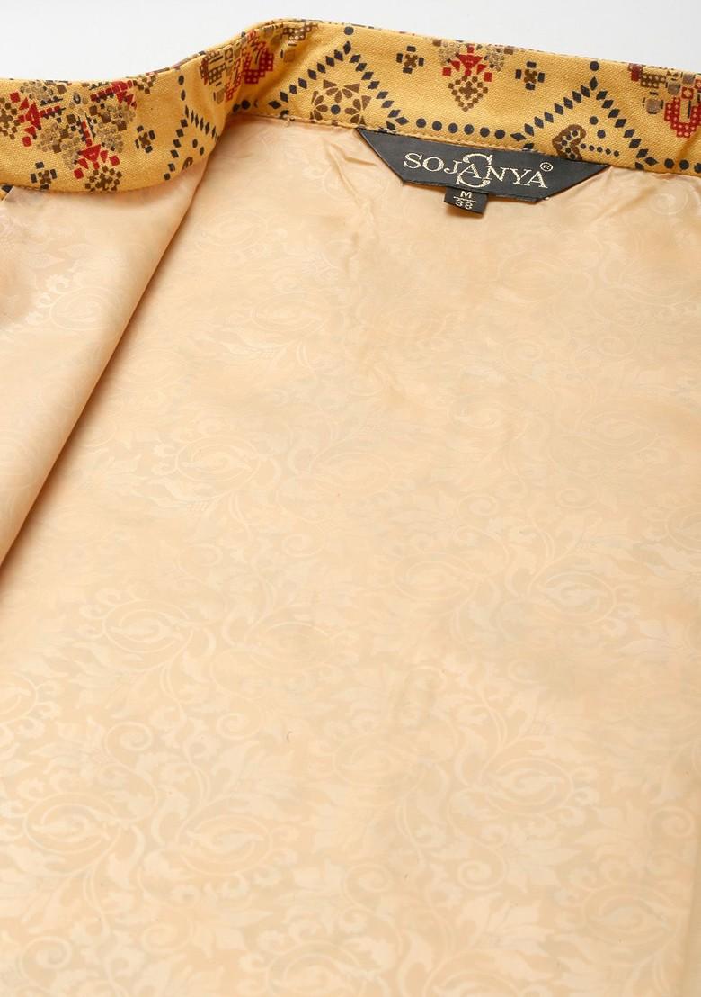 Red Ethnic Motifs Poly Blend Kurta Set For Men