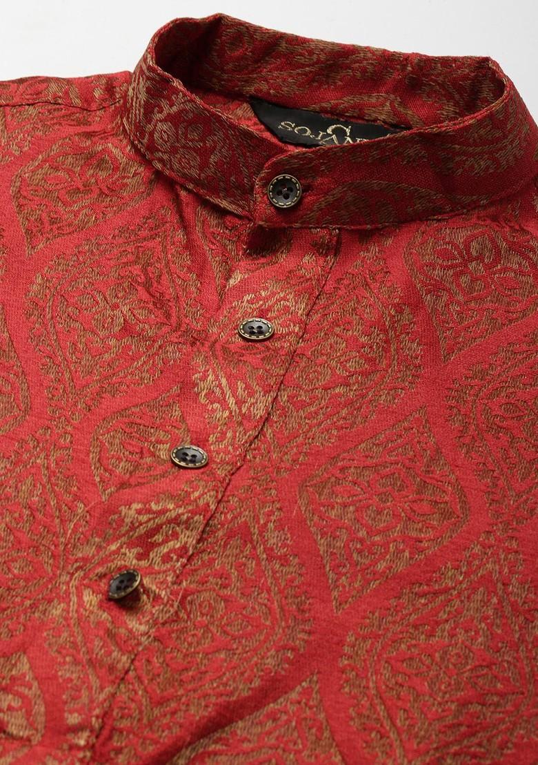 Red Ethnic Motifs Poly Blend Kurta Set For Men