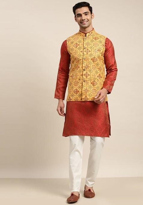 Red Ethnic Motifs Poly Blend Kurta Set For Men