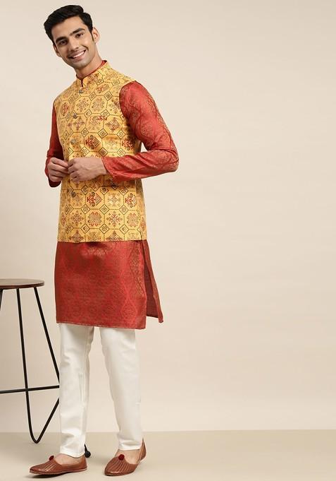 Red Ethnic Motifs Poly Blend Kurta Set For Men