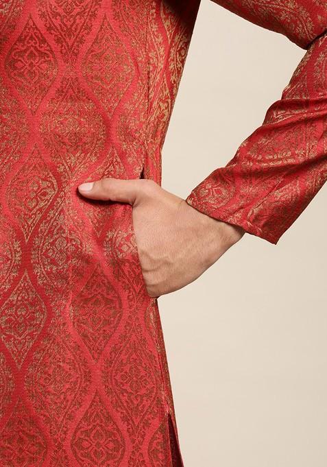 Red Ethnic Motifs Poly Blend Kurta Set For Men