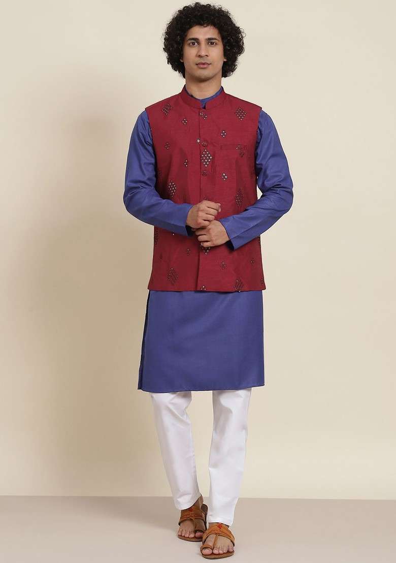 Blue Solid Cotton Kurta Set For Men - Indya