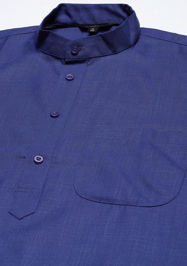 Blue Solid Cotton Kurta Set For Men