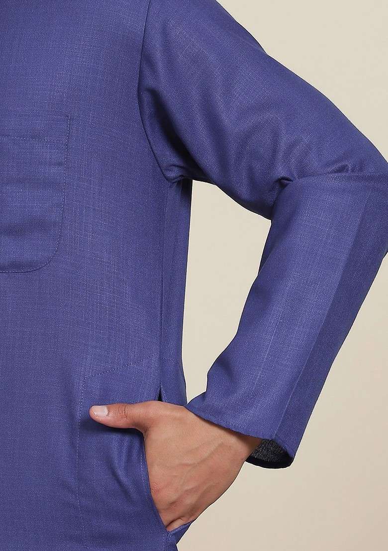 Blue Solid Cotton Kurta Set For Men - Indya