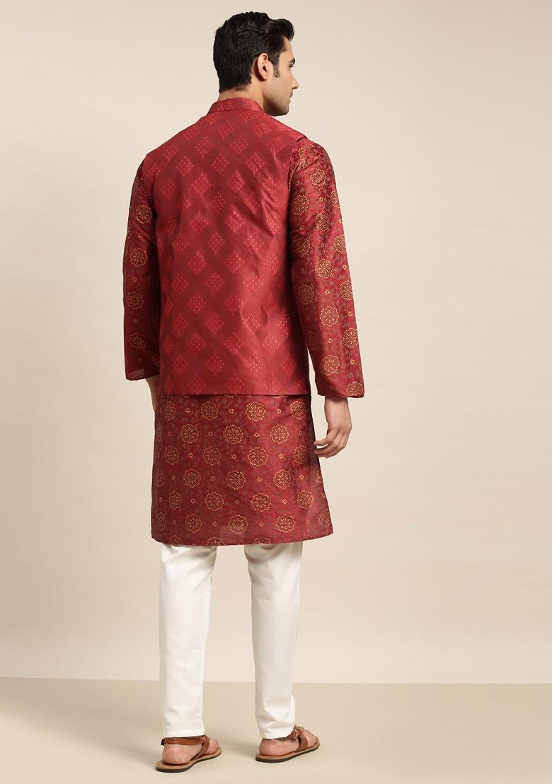 Maroon Solid Poly Blend Kurta Set For Men