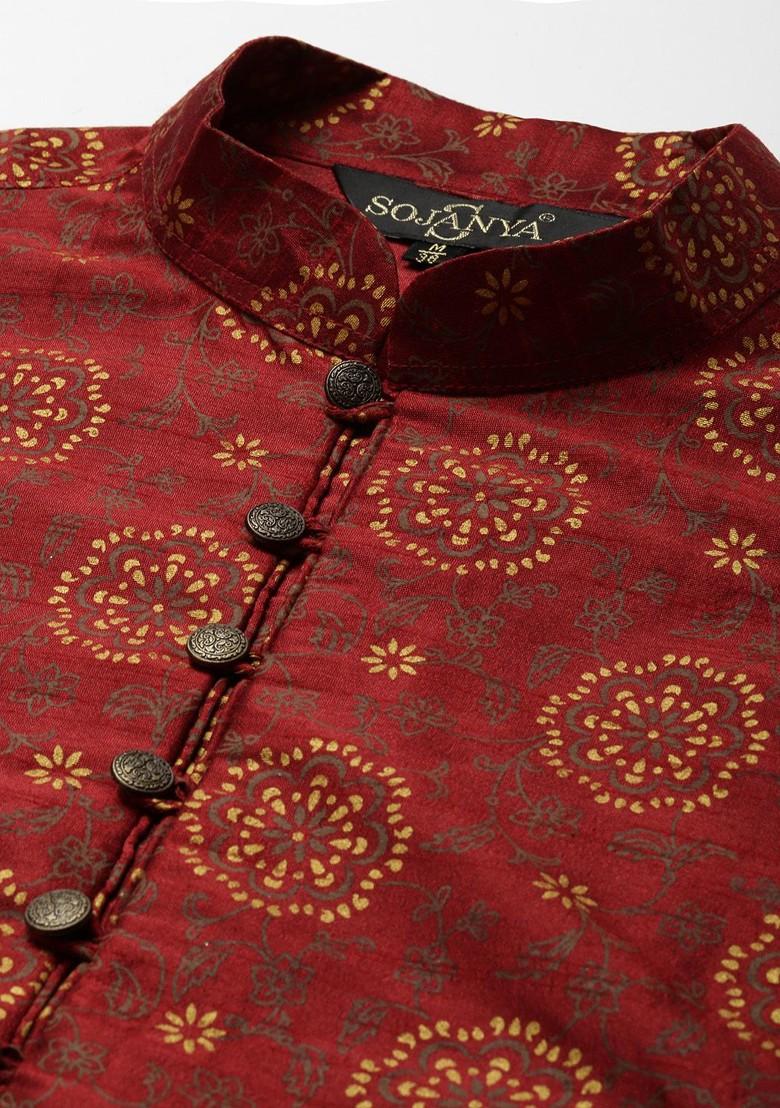 Maroon Solid Poly Blend Kurta Set For Men