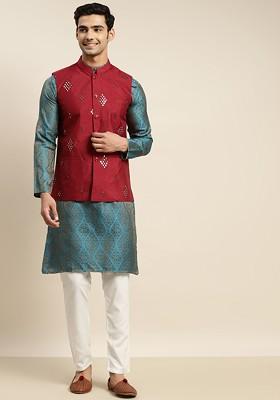 Teal Blue Ethnic Motifs Poly Blend Kurta Set For Men