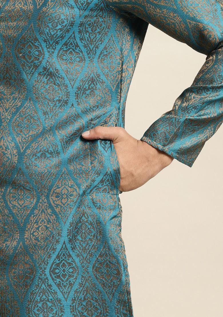 Teal Blue Ethnic Motifs Poly Blend Kurta Set For Men
