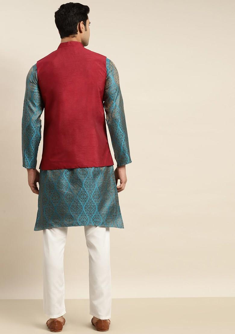 Teal Blue Ethnic Motifs Poly Blend Kurta Set For Men