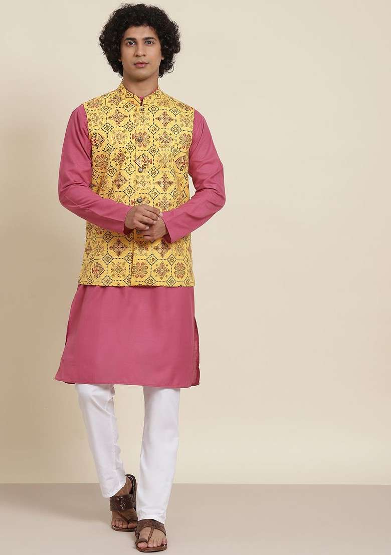 Mauve Solid Cotton Kurta Set For Men - Indya