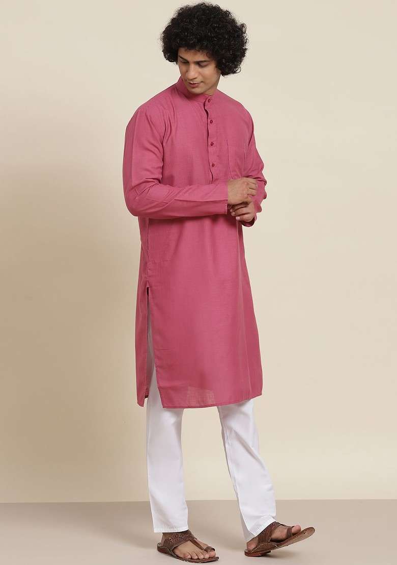 Mauve Solid Cotton Kurta Set For Men - Indya
