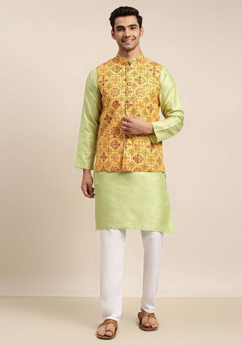 Green Striped Poly Blend Kurta Set For Men - Indya