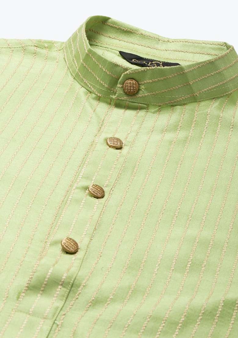 Green Striped Poly Blend Kurta Set For Men - Indya