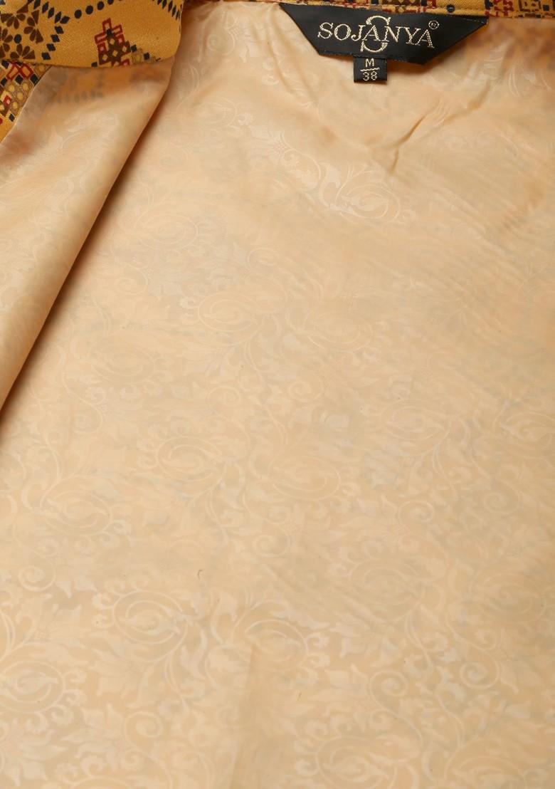 Green Striped Poly Blend Kurta Set For Men