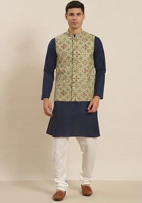 Navy Blue Solid Cotton Kurta Set For Men